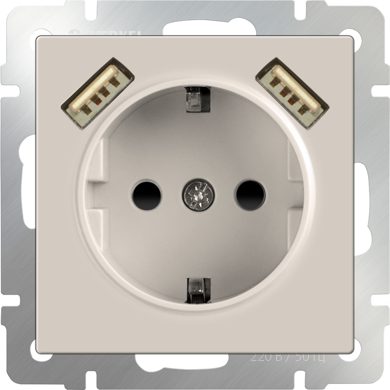 Розетка с заземлением, шторками и USBх2 (слоновая кость) WL03-SKGS-USBx2-IP20